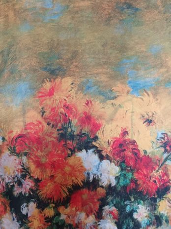 Eșarfă din mătase naturală cu picturi cu două fețe diferite.